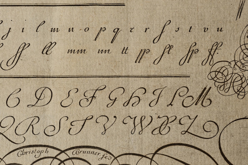 May include: A vintage-style parchment paper featuring dark brown ink calligraphy of the alphabet in both uppercase and lowercase letters. The script includes ornate flourishes and the text "Christoph Brunner fe" at the bottom, set against a textured background.