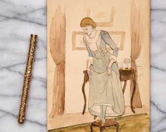 May include: A rectangular watercolor painting on paper depicting a figure in a blue dress standing on a small stool, accompanied by a long, slender, gold-toned metal pen with an intricate embossed floral pattern along its entire length.