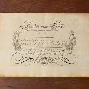 May include: A rectangular off-white paper sheet featuring black ink calligraphy. The text reads Grand & petit Alph de l'Ecriture nommée la Courante d'Expe. It displays lowercase and uppercase cursive letters flanked by two ornate bird illustrations.