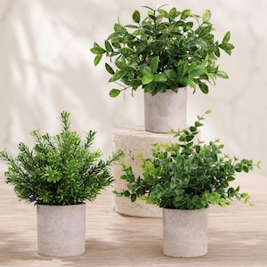 May include: Three artificial green plants in cylindrical light gray pots. One plant features pointed leaves, another has needle-like foliage, and the third has small rounded leaves. The pots are arranged on a light-colored stone-like pedestal.
