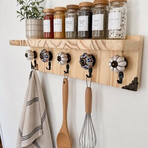 Rustic Wood Kitchen Shelf with Hooks – Wooden kitchen wall shelf – Ceramic Knob Wall Shelf – Spice Rack – Handmade Home Decor