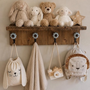 Wood wall shelf kids room blue ceramic knobs / étagère murale bois chambre enfants / nursery décor handmade