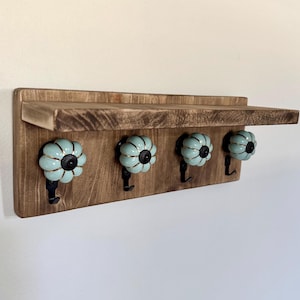 Rustic Wood Kitchen Shelf with Hooks – Wooden kitchen wall shelf – Ceramic Knob Wall Shelf – Spice Rack – Handmade Home Decor