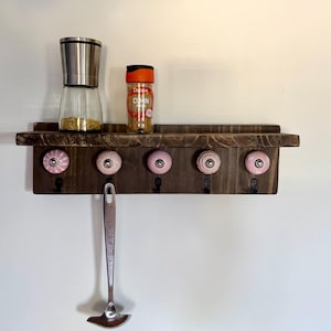 Wooden Spice Rack with Pink Ceramic Knobs - Rustic Boho Cottagecore Kitchen Storage