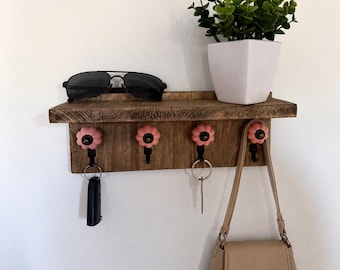 Rustic wood entryway shelf with pink flower hooks - wooden wall shelf with pink ceramic buttons - handmade wall organizer