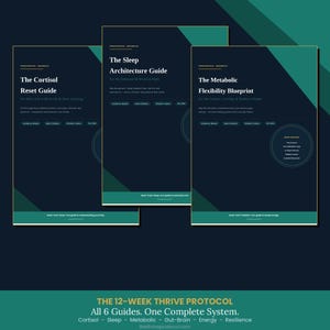 May include: Three dark blue and teal digital guide covers titled The Cortisol Reset Guide, The Sleep Architecture Guide, and The Metabolic Flexibility Blueprint. Each features white text, bullet points, and a circular graphic element. The bottom text reads The 12-Week Thrive Protocol, All 6 Guides. One Complete System.