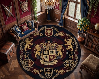 Round Family Crest Rug, Dark Academia, Old Money Circular Carpet, Heraldic Lions