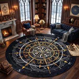 May include: A large, circular area rug featuring a detailed gold and white compass rose design on a black background. The rug displays cardinal directions marked with N, S, E, and W, surrounded by intricate geometric lines and navigational markings.