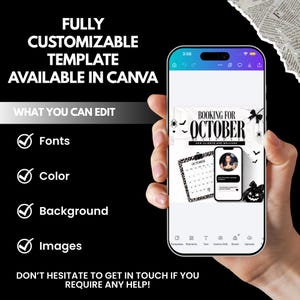 May include: A smartphone displaying a customisable Canva template for October bookings. The screen shows a calendar, a profile picture, and text reading BOOKING FOR OCTOBER NEW CLIENTS ARE WELCOME. The interface includes icons for templates, elements, text, and uploads.