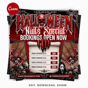 May include: A Halloween nails special flyer featuring a red skull, spiderwebs, and blood-drip text. It displays manicured nails with skull art, a scroll for service pricing, and a ghost mask figure. Includes text: HALLOWEEN NAILS SPECIAL.