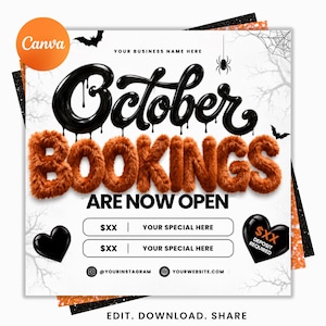 May include: A square promotional graphic with a white background featuring the text October Bookings Are Now Open. The word October is in black dripping font, and Bookings is in fuzzy orange letters. Includes black heart icons, spider, and bats.