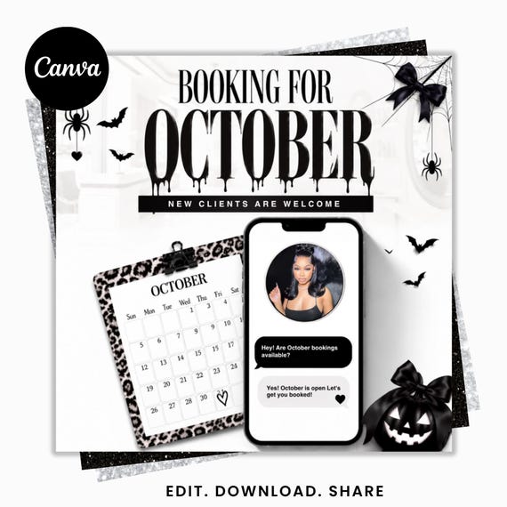 October Booking Flyer Template, Halloween Booking Flyer, Hair Lash Nails Salon Appointment Canva Template, Halloween Event Flyer, Sale Flyer