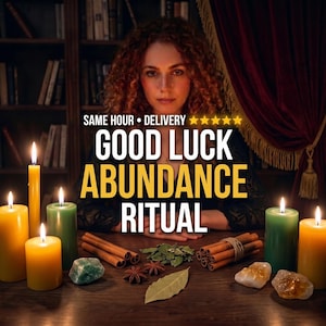Puede incluir: Un set ritual con velas de pilar amarillas y verdes, ramas de canela, anís estrellado, hojas de laurel y cristales en bruto sobre una superficie de madera. El texto dice SAME HOUR DELIVERY, GOOD LUCK ABUNDANCE RITUAL con cinco estrellas.