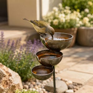 May include: A tiered metal bird bath featuring three stacked, weathered bowls with a rustic finish. A small bird with olive-brown feathers is perched on the rim of the top bowl, drinking water from the basin. The structure is supported by a thin metal pole.