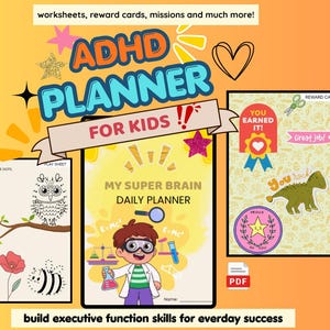 May include: An ADHD planner for kids digital set featuring worksheets, reward cards, and missions. The main cover shows a cartoon child in a lab coat with science equipment. Includes a connect-the-dots owl page and a reward card sheet with a dinosaur.