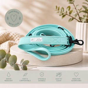 Puede incluir: Una correa para perro enrollada de color verde menta con herrajes de metal negro y una etiqueta rectangular blanca con el texto Narla's Boutique. La correa incluye un asa y un mosquetón giratorio, junto con iconos y texto descriptivo.