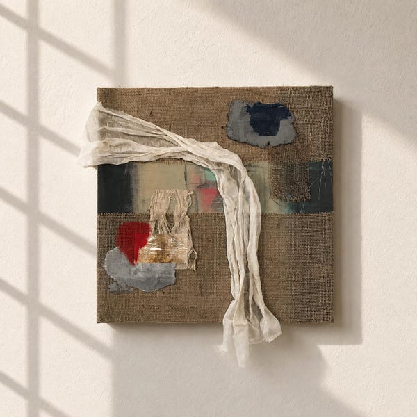 Mixed Media Textile Wall Art | Burlap, Tobacco Cloth | Wabi Sabi Fiber Art (24x24)