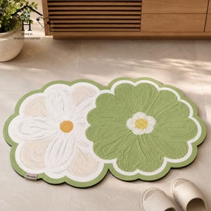 Diatomite Daisy Bath Mat, Quick Dry Stone Rug, Sage Green Floral Non-Slip Floor Mat