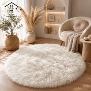Round Faux Fur Plush Shag Rug, Soft Fluffy Nursery Carpet, Cozy Living Room Decor