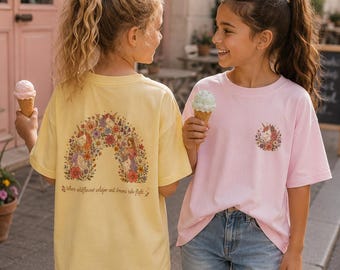 Kinder-T-shirt Blumen Einhorn | Floraler Regenbogen | Mädchen overhemd in pastelkleur | Cadeau voor de kleuter
