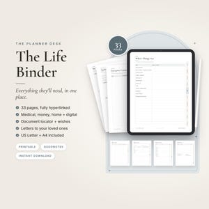 Könnte beinhalten: Ein digitaler Planer namens The Life Binder von The Planner Desk mit 33 verlinkten Seiten für medizinische, finanzielle und persönliche Unterlagen. Das Display zeigt ein Tablet mit einer Where Things Are Vorlage.