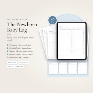 Könnte beinhalten: Ein digitaler Neugeborenen-Planer auf einem Tablet-Bildschirm mit mehreren Seitenvorschauen. Der Text lautet The Planner Desk, The Newborn Baby Log, Feeds, sleep and diapers, made simple, 56 pages, fully hyperlinked, 30 daily feed + diaper logs, Weekly 24-hour sleep charts, Growth, health + firsts pages, US Letter + A4 included, Printable, Goodnotes, Instant Download.