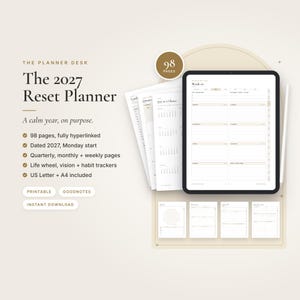 2027 Planner Printable, Dated 2027 Weekly Monthly Planner PDF, Goal Planner, Vision + Habit Tracker, Hyperlinked GoodNotes, US Letter + A4