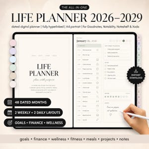 All-in-One Digital Planner 2026-2029, A4 GoodNotes Planner PDF, Hyperlinked Daily Weekly Monthly iPad Planner, Instant Download