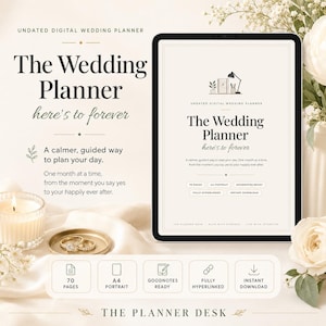 Könnte beinhalten: Ein digitales Tablet zeigt einen undatierten Hochzeitsplaner mit dem Text The Wedding Planner here's to forever. Der Bildschirm zeigt die Funktionen 70 pages, A4 portrait, Goodnotes ready, fully hyperlinked und instant download in einem Layout.