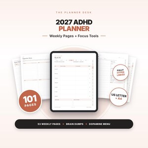 2027 ADHD Planner, Dated Weekly Planner for Adults, Brain Dump, Dopamine Menu, Executive Function Tools, Digital + Printable, Letter + A4