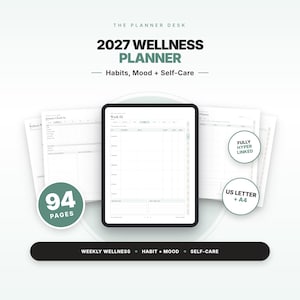 Könnte beinhalten: Ein digitaler 2027 Wellness-Planer mit 94 Seiten zur Verfolgung von Gewohnheiten, Stimmung und Selbstfürsorge. Das Display zeigt ein wöchentliches Layout, vollständig mit Hyperlinks versehen, erhältlich in den Formaten US Letter und A4.
