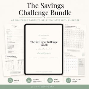May include: A digital savings challenge bundle displayed on a tablet screen, surrounded by four printable pages including an index, a 100 envelope challenge, a 52 week challenge, and a no spend month calendar, all featuring black text on white backgrounds.