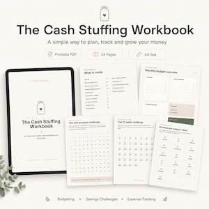 Könnte beinhalten: Das Cash Stuffing Workbook ist ein 24-seitiges A4-PDF zum Ausdrucken für die Budgetplanung. Es enthält ein Deckblatt, Inhaltsverzeichnis, monatliche Budgetübersicht, 100-Umschläge-Challenge, 52-Wochen-Challenge sowie Umschlag- und Kategorieetiketten.