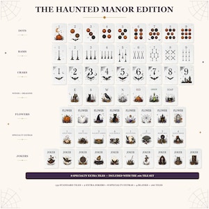 May include: A set of 166 mahjong tiles titled The Haunted Manor Edition, featuring rows of Dots, Bams, Craks, Winds, Dragons, Flowers, Specialty Extras, and Jokers. Each white tile displays black numbers and thematic illustrations like pumpkins, bats, and cats.