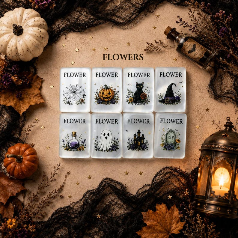 May include: Eight rectangular white tiles arranged in two rows, each labeled FLOWER. The designs feature a spider web, pumpkin, black cat, witch hat, potion bottle, ghost, haunted house, and tombstone, all surrounded by floral accents.