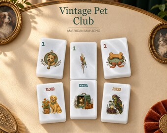 Vintage Pet Club American Mahjong Tiles, Dog and Cat Illustration Acrylic Set