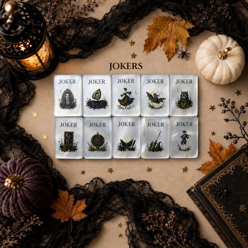 May include: Ten rectangular playing cards arranged in two rows, each labeled JOKER at the top. The cards feature distinct dark illustrations including a figure, a mirror, a dancer, a bat, a wolf, a moon, a clock, a book, a broom, and a person.