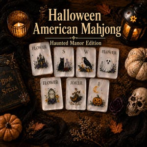May include: A set of seven rectangular Mahjong tiles featuring Halloween-themed illustrations including a haunted house, black cat, raven, ghost, tombstone, witch, and pumpkin. The tiles are labeled with text such as Flower, S, W, Joker, and 1.