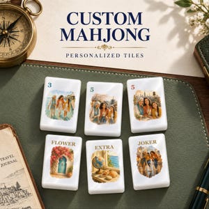 May include: Six white rectangular Mahjong tiles featuring custom printed illustrations. The tiles display numbers 3 and 5, and labels for Flower, Extra, and Joker. The text CUSTOM MAHJONG PERSONALIZED TILES is visible above the tiles on a paper background.
