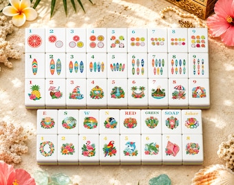 Tropical Island Mahjong Set, Acrylic UV Printed Tiles, Flamingo Palm Ocean Game Night