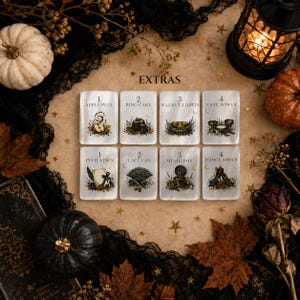 May include: Eight rectangular white cards arranged in two rows, each featuring a numbered illustration and text. The cards display images of an apple peel, ring cake, walnut lights, fate bowls, invitation, lace fan, music box, and dance shoes.
