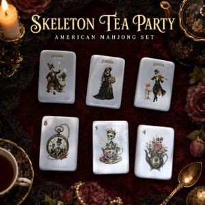 May include: Six rectangular mahjong tiles with a white, pearlescent finish. The tiles feature detailed illustrations of skeletons in formal attire, a pocket watch, a teacup, and a teapot. The text reads SKELETON TEA PARTY AMERICAN MAHJONG SET.