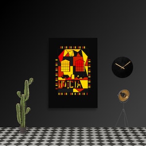 May include: A rectangular wall art print featuring a geometric abstract design in black, red, and yellow. The composition includes grid-like patterns, angular shapes, and the word "MILICIA" printed in a bold, stylized font at the bottom center.