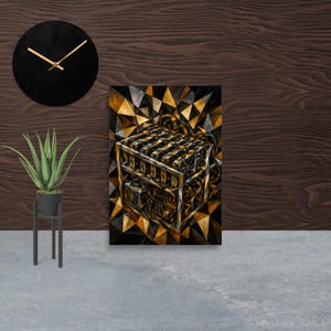 May include: A rectangular wall art print featuring a complex, geometric, and mechanical structure in shades of black, gold, and bronze. The artwork displays a central industrial-style cage design with intricate internal components and sharp, angular patterns.