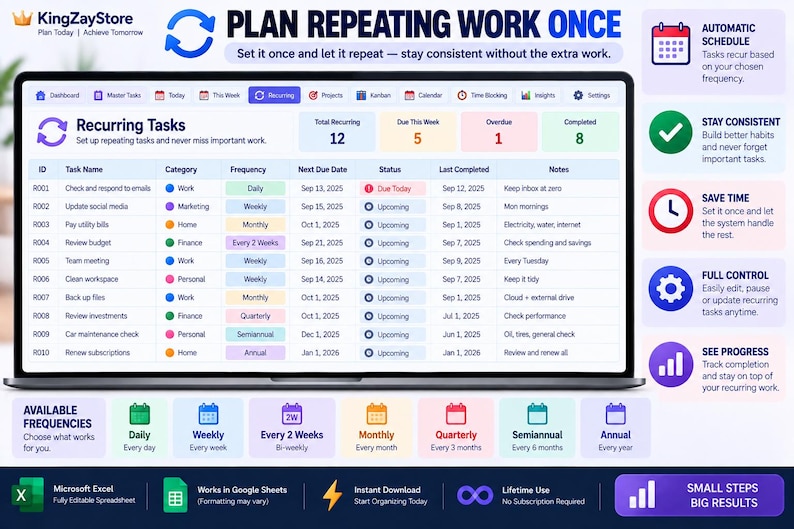 May include: A digital dashboard interface for recurring tasks displayed on a laptop screen. The spreadsheet features columns for task name, category, frequency, due dates, status, and notes. Icons and text highlight features like automatic scheduling, consistency, time saving, control, and progress tracking.