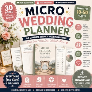 May include: A digital micro wedding planner bundle featuring 30 pages of templates including a guest list, RSVP tracker, wedding day timeline, and budget overview. The cover displays a wedding arch by a lake with the text Micro Wedding Planner.