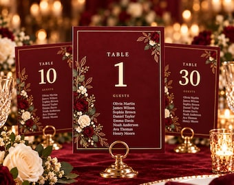 Burgundy table numbers, Floral Wedding Table Numbers, Editable Guest Names, wedding table numbers  (Digital Download)
