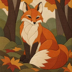 May include: A fabric quilt block featuring a stylized orange and white fox sitting in a forest. The fox has dark brown legs and ears, set against a background of green hills, dark brown tree trunks, and scattered orange and yellow autumn leaves.
