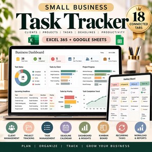 May include: A digital small business task tracker template for Excel 365 and Google Sheets. The interface displays a business dashboard with task status charts, project progress bars, upcoming deadlines, and a kanban board for task management.