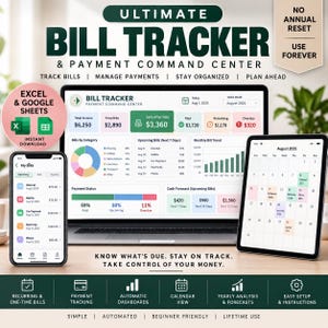 May include: A digital bill tracker and payment command center displayed on a laptop, tablet, and smartphone. The interface features financial dashboards, pie charts, bar graphs, and a monthly calendar view for tracking income, bills, and payment status.